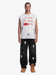 Grunge Slogan Print Distressed Raw Hem Sleeveless T-Shirt - 2612 