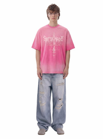 Acid Wash Gothic Cross Spine Graphic Distressed T-Shirt - 2604 