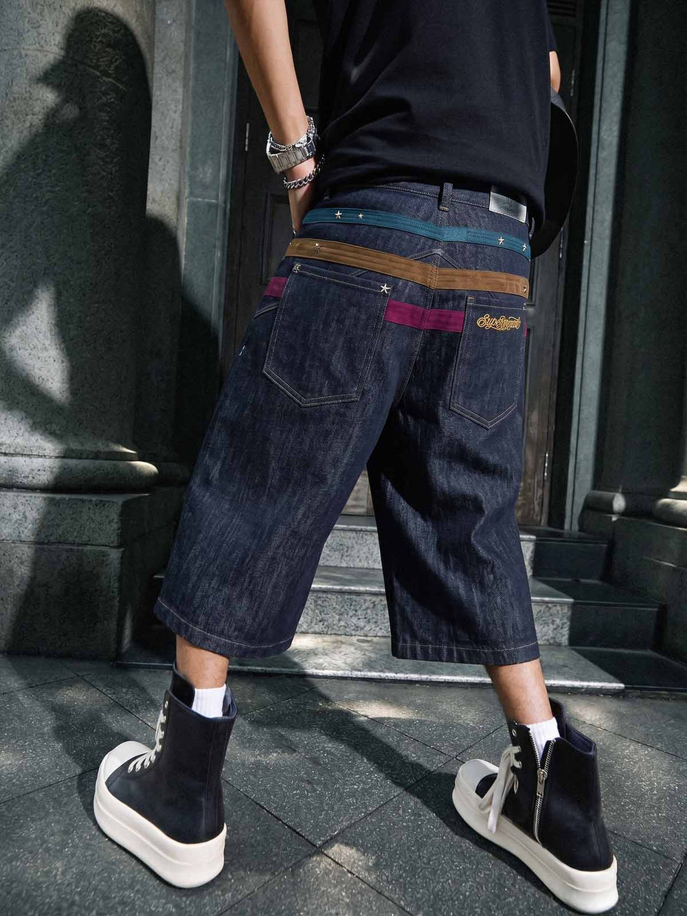Vintage Star Studded Panel Wide Leg Shorts