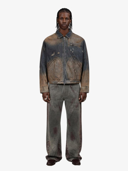 Vintage Washed Distressed Denim Zip Up Jacket