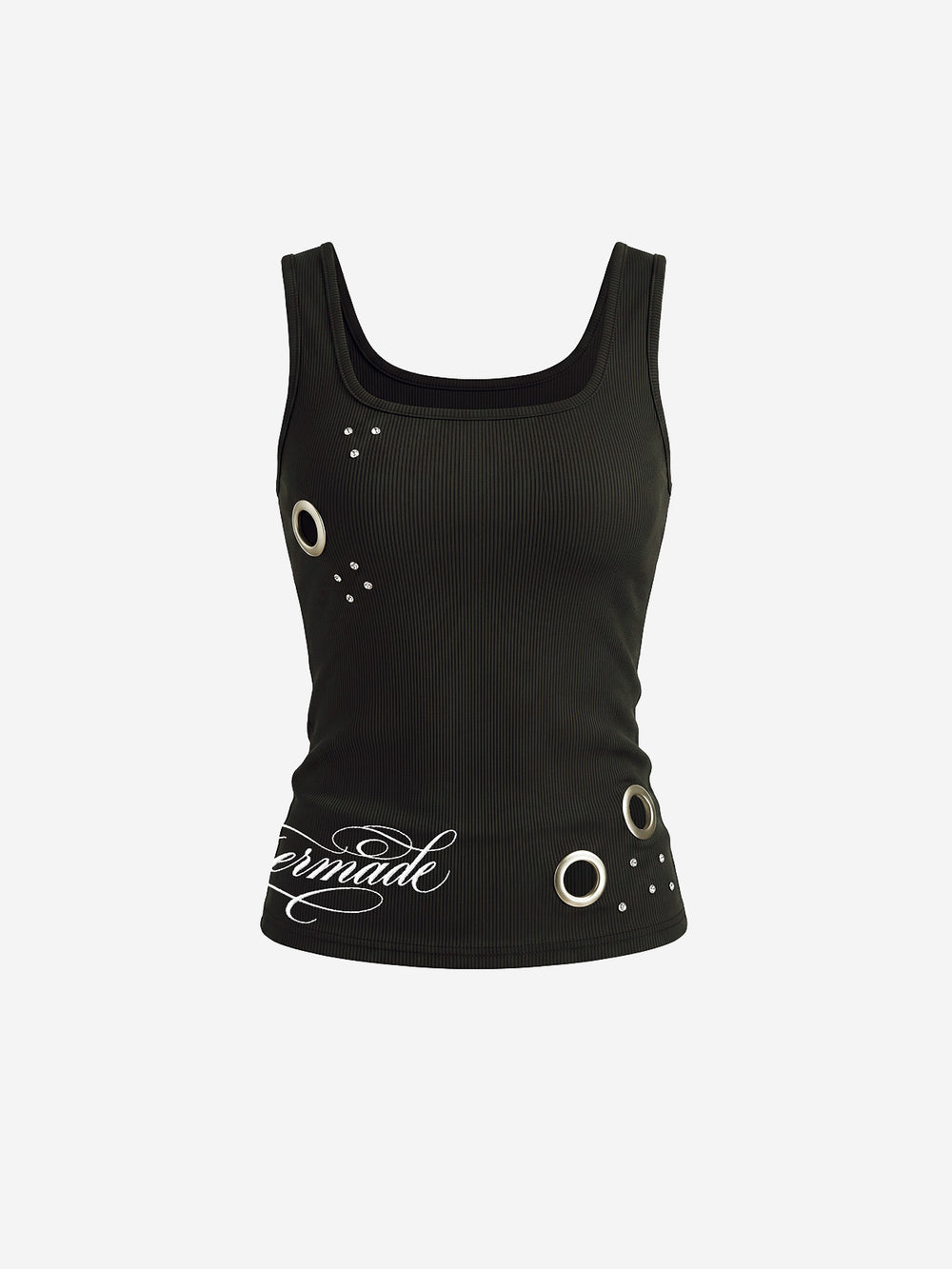 Letter Embroidered Rhinestone Eyelet Ribbed Tank Top