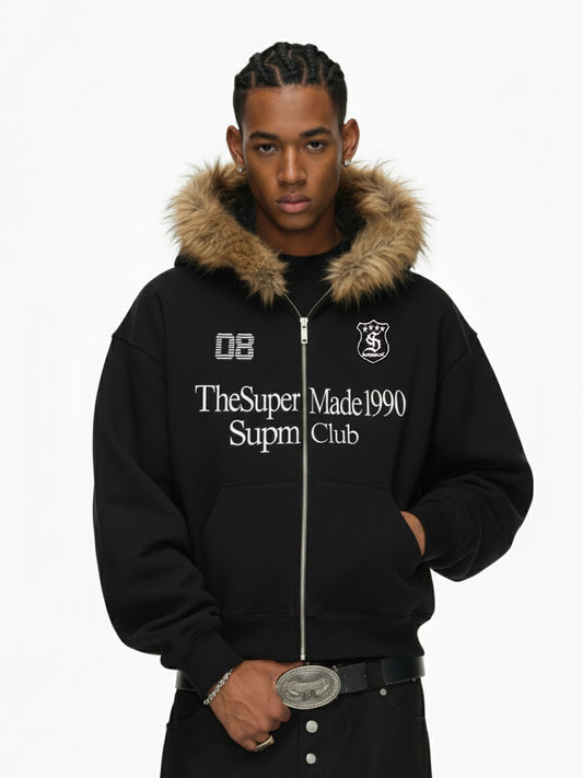 Letter Medal Embroidered Cardigan Fur Collar Zip Up Hoodie- 2502