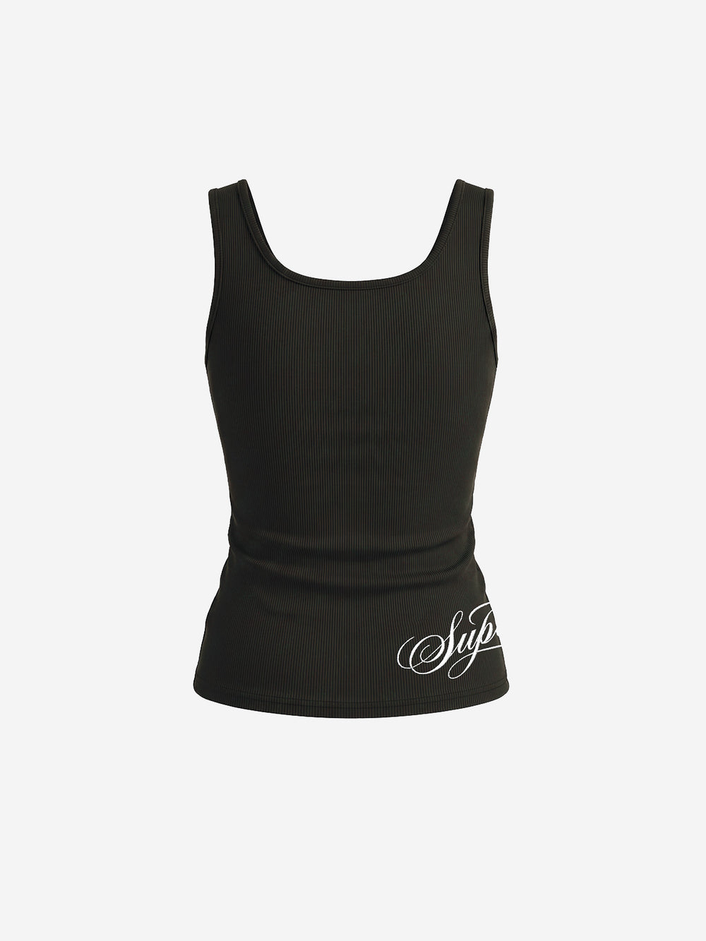 Letter Embroidered Rhinestone Eyelet Ribbed Tank Top