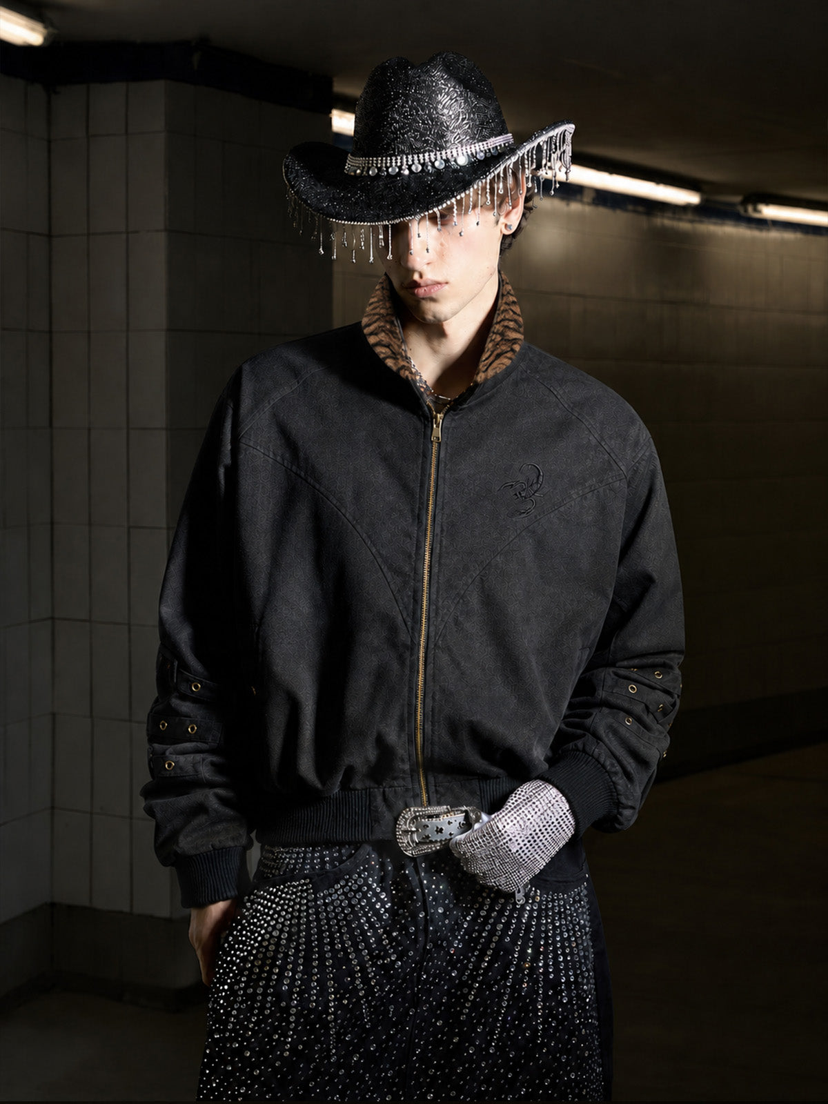 Studded Sleeve Stand-Collar Zip Jacket