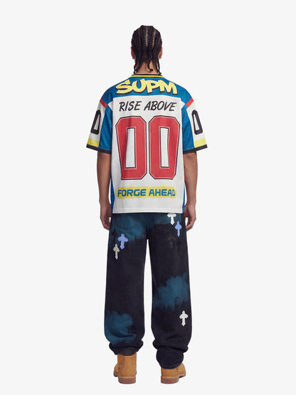 Color-Block Digital Print Mesh V-Neck Jersey 