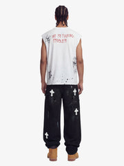 Grunge Slogan Print Distressed Raw Hem Sleeveless T-Shirt - 2612 
