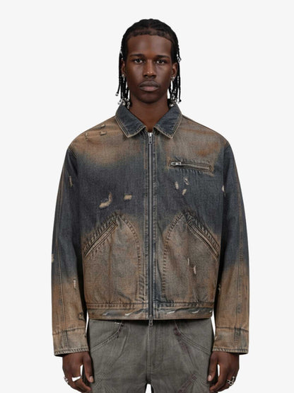 Vintage Washed Distressed Denim Zip Up Jacket