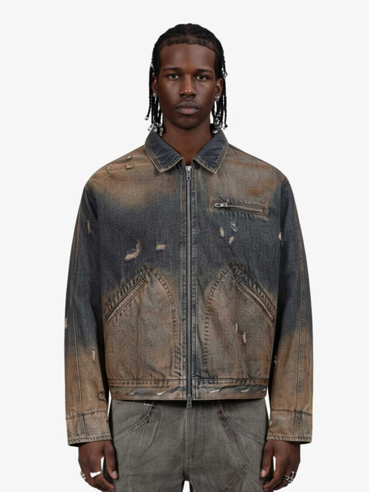 Vintage Washed Distressed Denim Zip Up Jacket