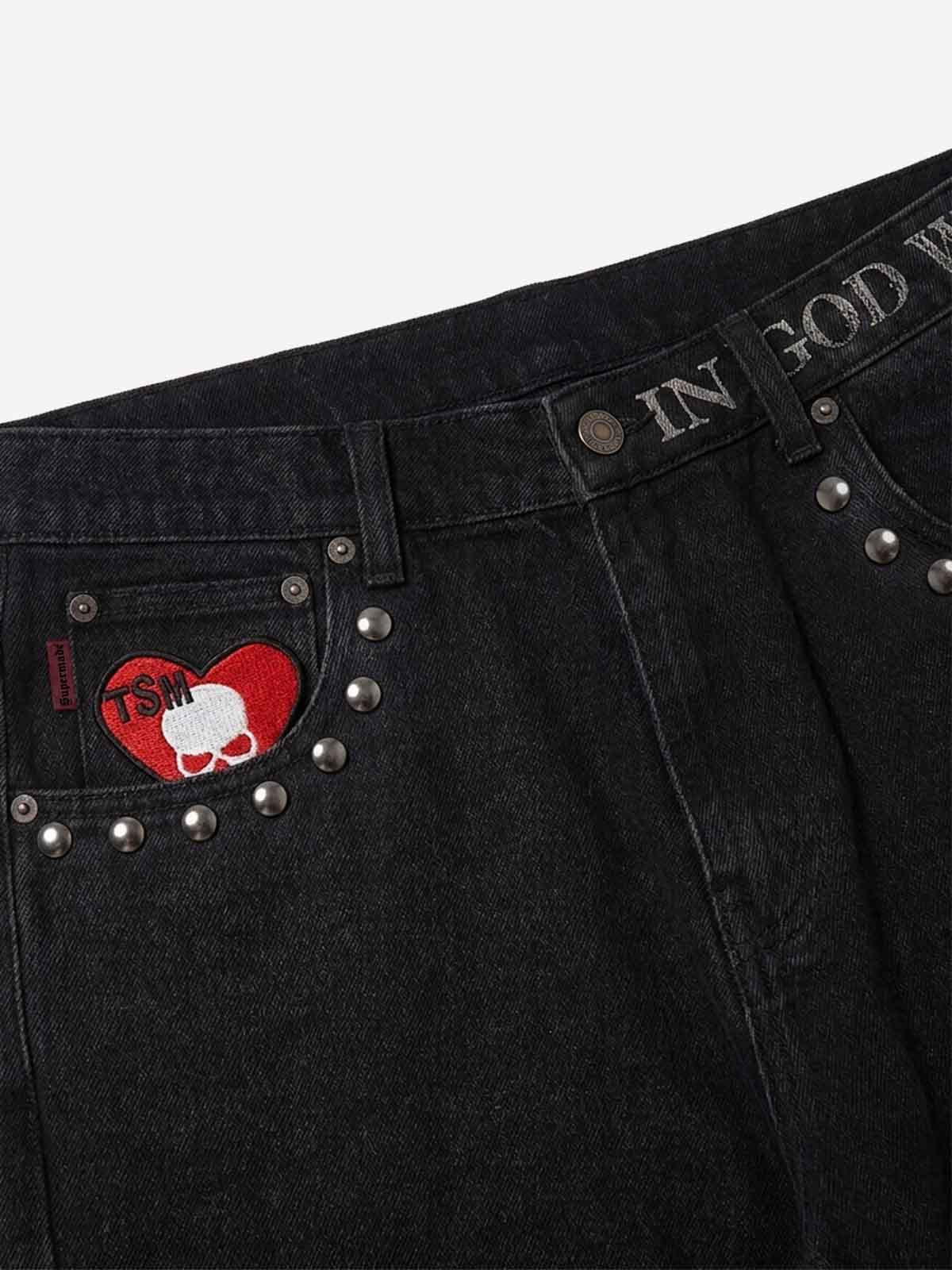 Embroidered Patch Studded Straight-Leg Jeans