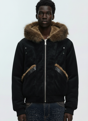 Retro Detachable Faux Fur Collar Suede Fleece Hoodie Jacket 