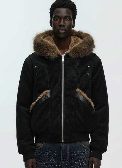 Retro Detachable Faux Fur Collar Suede Fleece Hoodie Jacket 