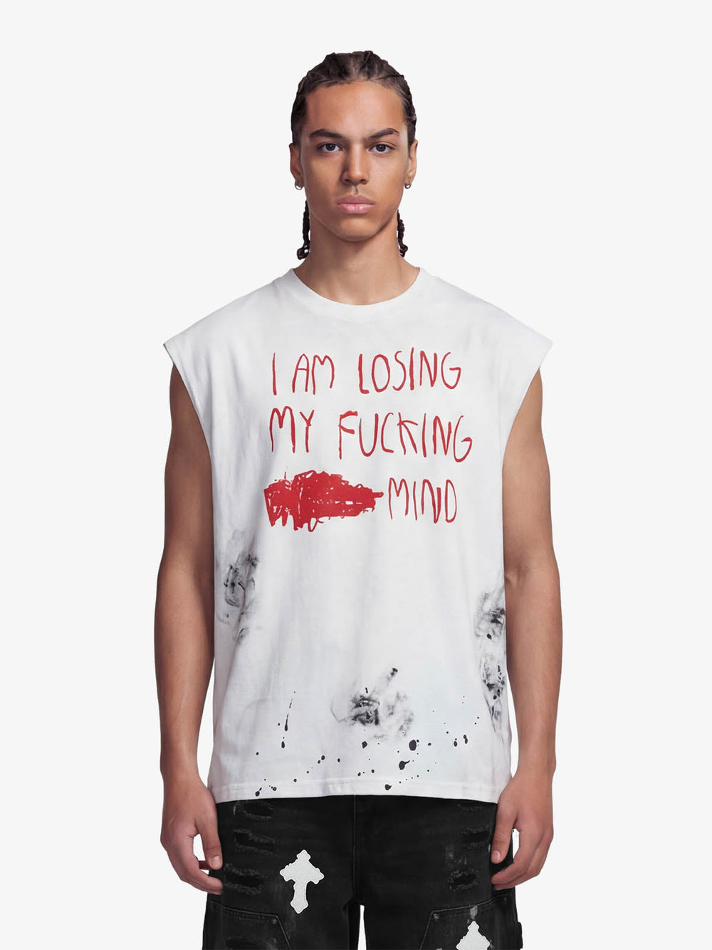 Grunge Slogan Print Distressed Raw Hem Sleeveless T-Shirt - 2612 