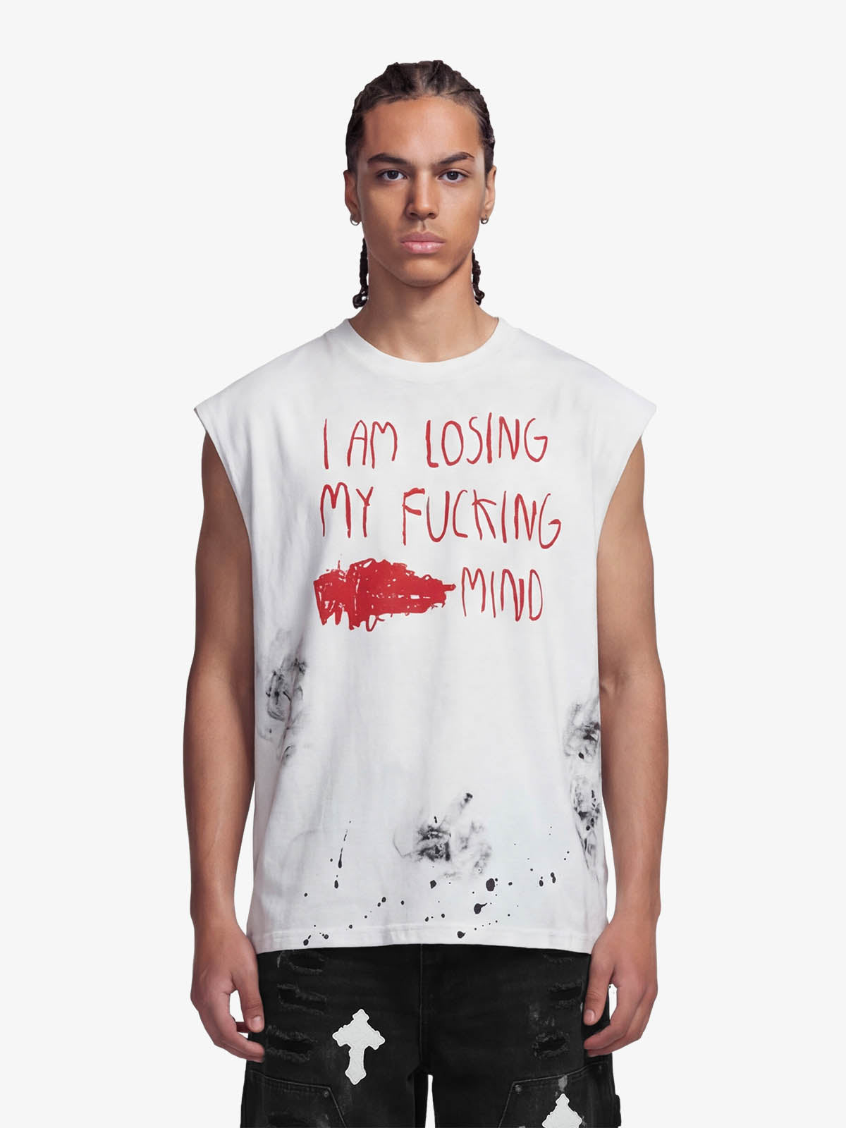 Grunge Slogan Print Distressed Raw Hem Sleeveless T-Shirt - 2612 