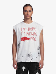 Grunge Slogan Print Distressed Raw Hem Sleeveless T-Shirt - 2612 