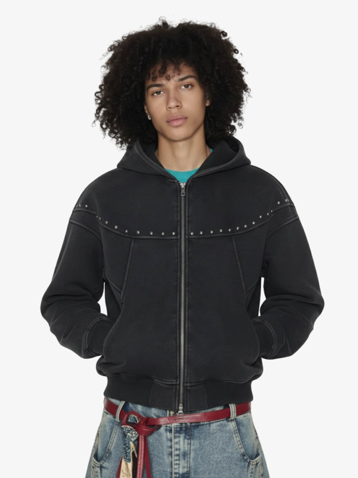 Rivet Detail Fleece Zip Up Hoodie