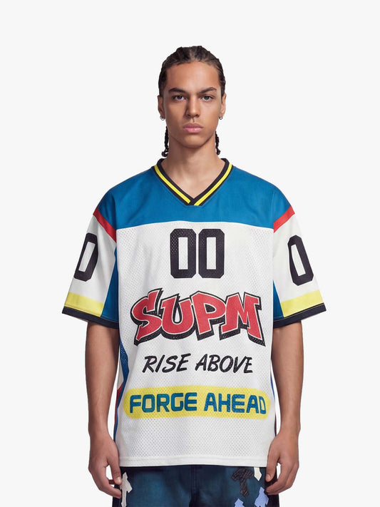 Color-Block Digital Print Mesh V-Neck Jersey 