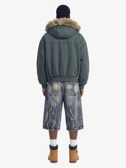 Faux Fur Lined Zip Up Winter Hooded Bomber Jacket - 2560 