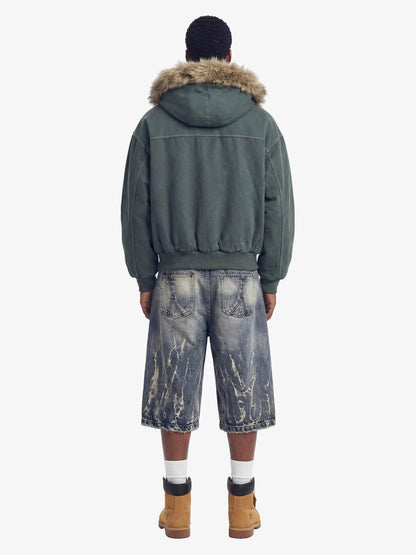 Faux Fur Lined Zip Up Winter Hooded Bomber Jacket - 2560 