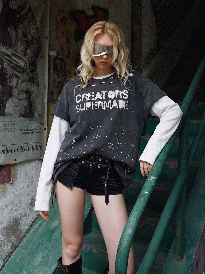 Faux Two-Piece Distressed Long Sleeve Tee