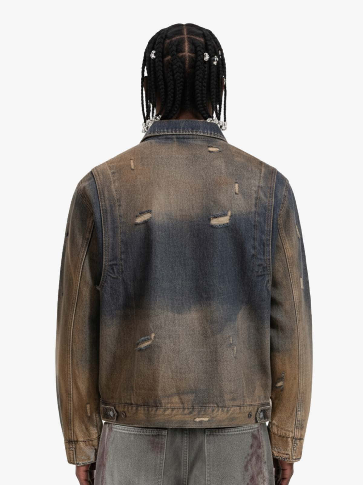 Vintage Washed Distressed Denim Zip Up Jacket