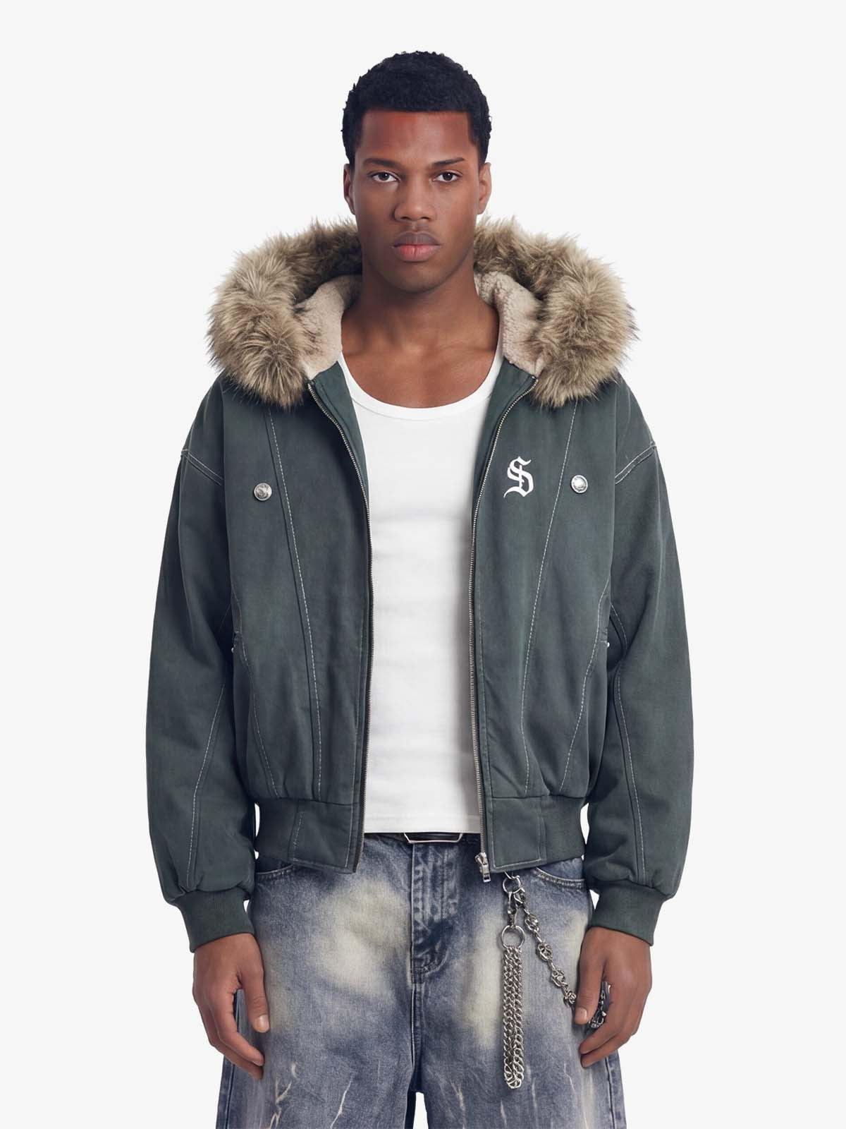 Faux Fur Lined Zip Up Winter Hooded Bomber Jacket - 2560 