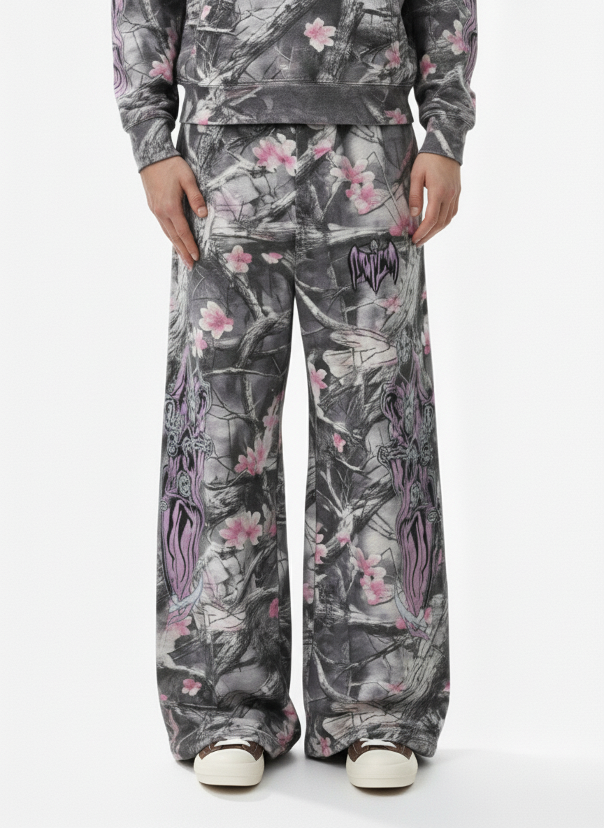Gothic Devil Graphic Fleece-Lined Wide-Leg Sweatpants 