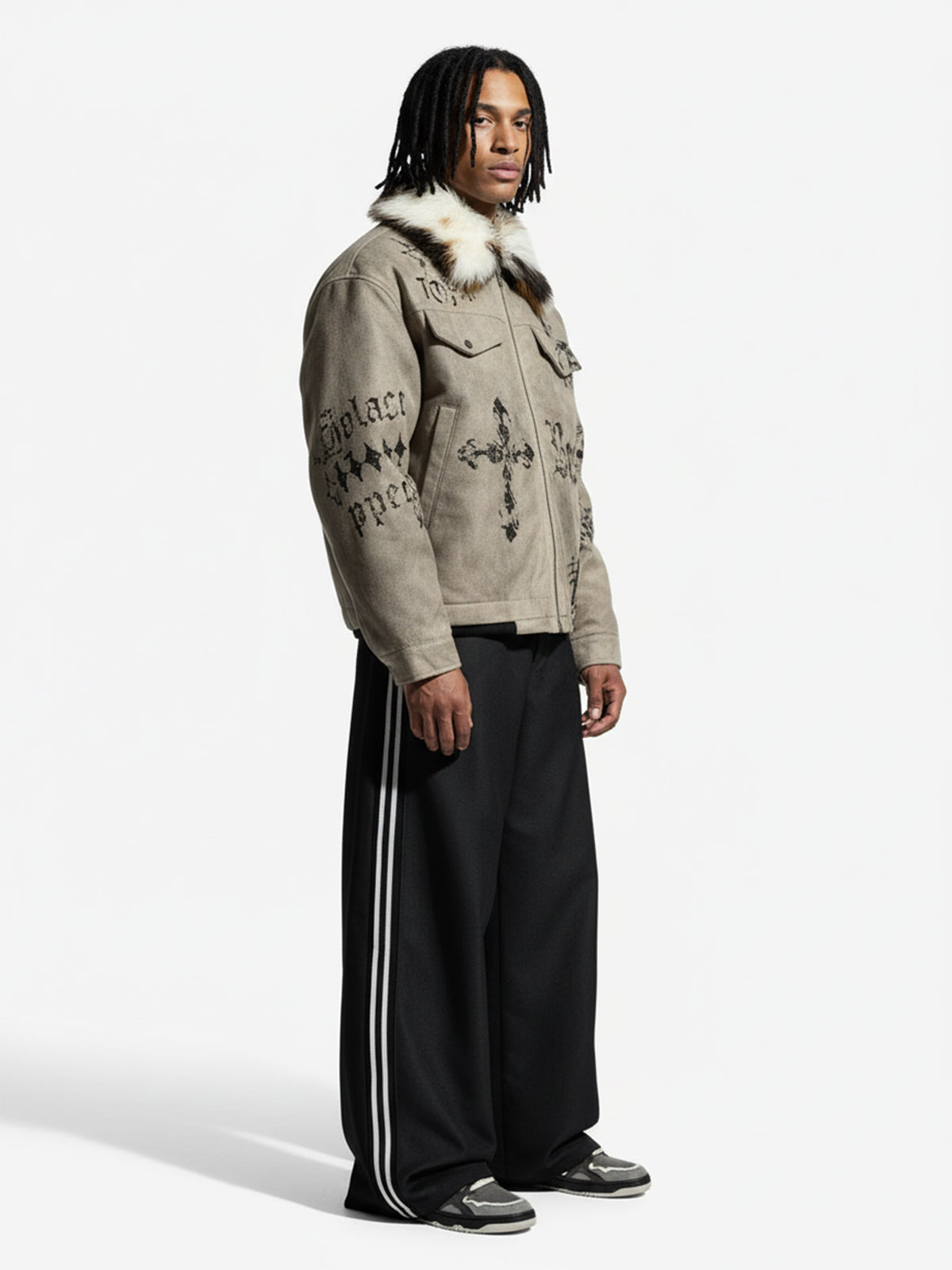 Gothic Letter Print Fur Collar Quilted Cotton Jacket - 2515 