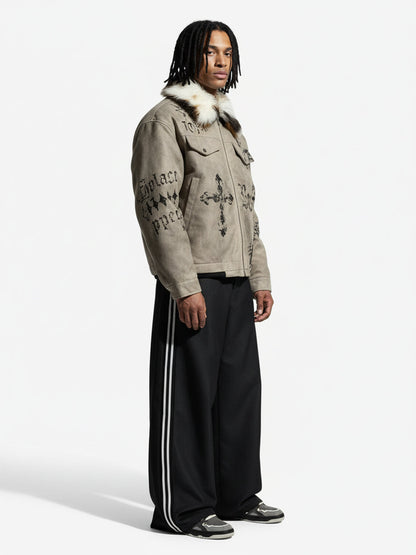 Gothic Letter Print Fur Collar Quilted Cotton Jacket - 2515 