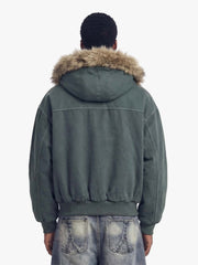 Faux Fur Lined Zip Up Winter Hooded Bomber Jacket - 2560 