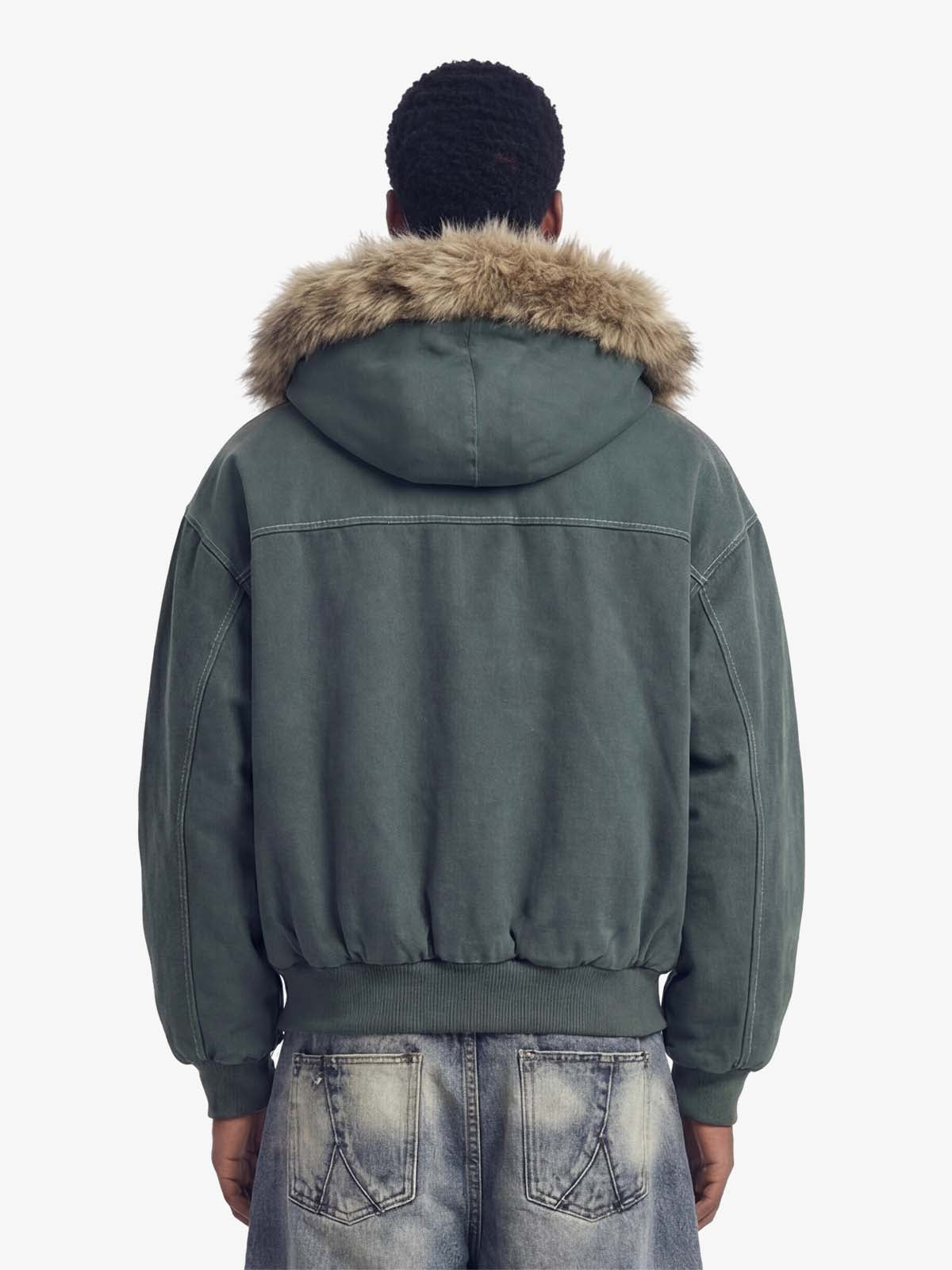 Faux Fur Lined Zip Up Winter Hooded Bomber Jacket - 2560 