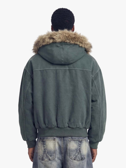 Faux Fur Lined Zip Up Winter Hooded Bomber Jacket - 2560 