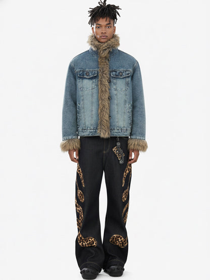 Vintage Faux Fur Trim Washed Padded Denim Jacket 