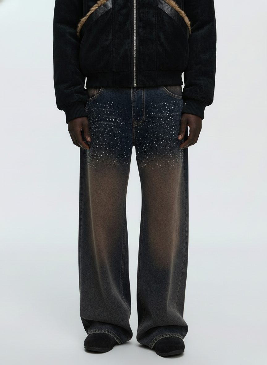 Gradient Rhinestone Embellished Wide-Leg Jeans 