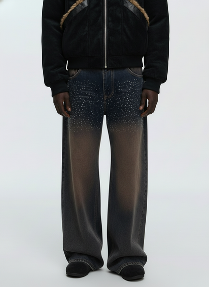 Gradient Rhinestone Embellished Wide-Leg Jeans 