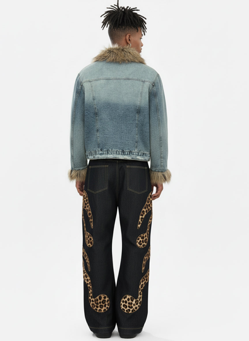 Vintage Faux Fur Trim Washed Padded Denim Jacket 