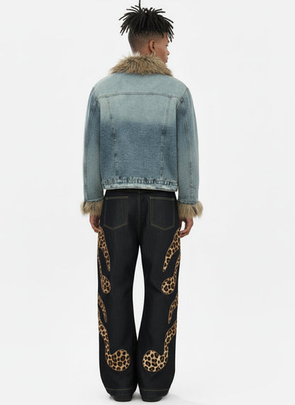 Vintage Faux Fur Trim Washed Padded Denim Jacket 