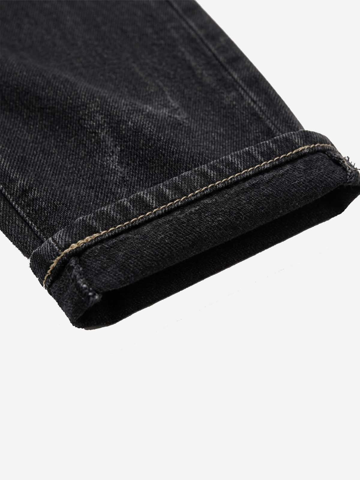 Embroidered Patch Studded Straight-Leg Jeans
