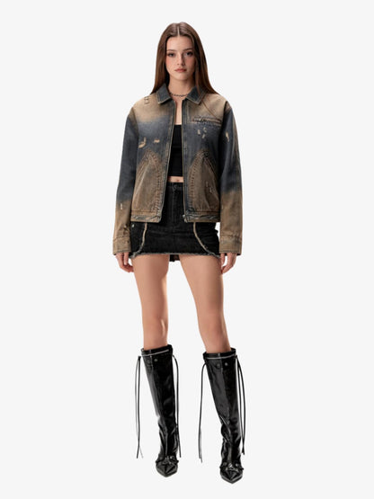 Vintage Washed Distressed Denim Zip Up Jacket