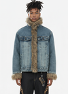 Vintage Faux Fur Trim Washed Padded Denim Jacket 