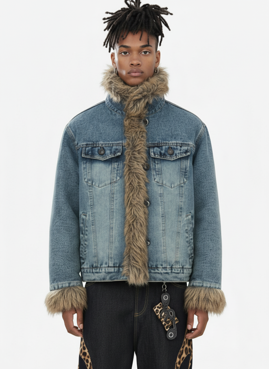 Vintage Faux Fur Trim Washed Padded Denim Jacket 