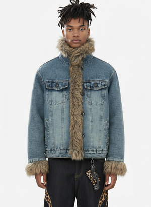 Vintage Faux Fur Trim Washed Padded Denim Jacket 