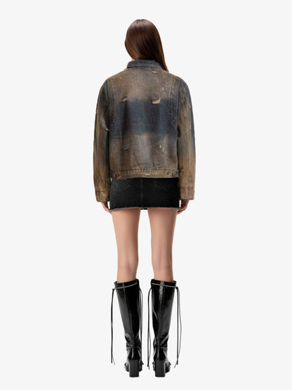 Vintage Washed Distressed Denim Zip Up Jacket