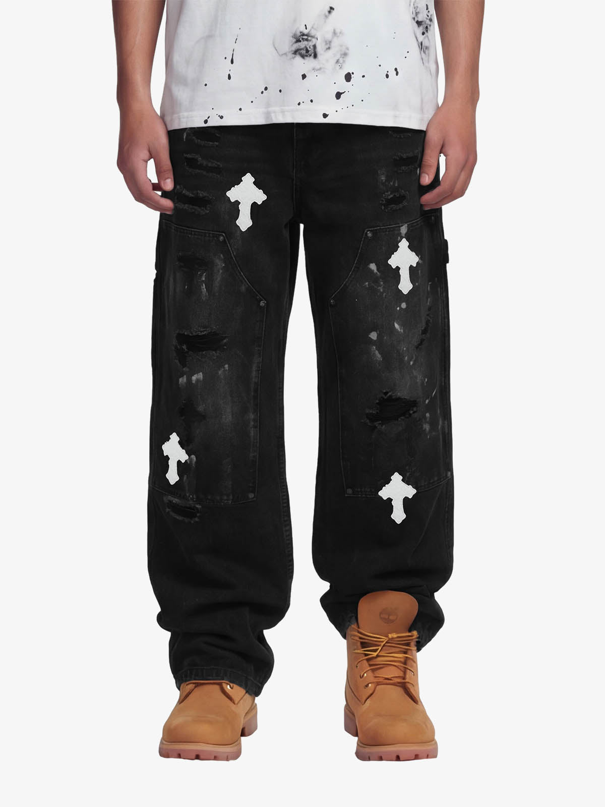 Distressed Cross Patchwork Baggy Denim Jeans 