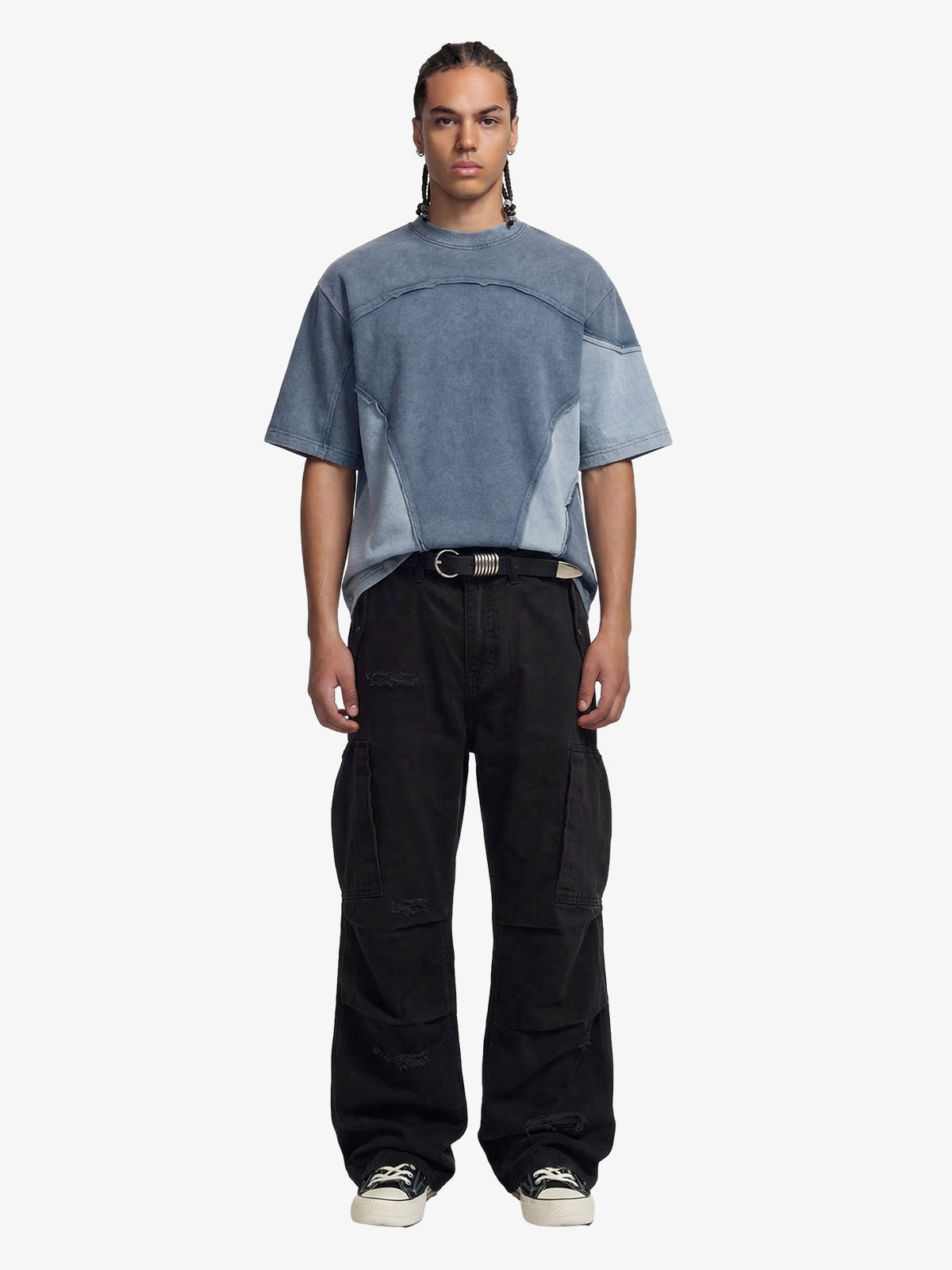 Cotton Hole Patch Pleated Multi-Pocket Cargo Casual Pants 