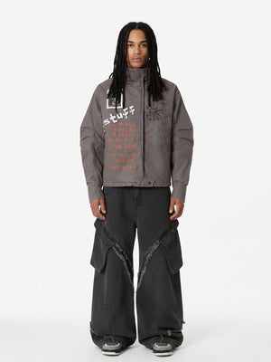 Street Graffiti Distressed High-Neck Padded Cotton Jacket 