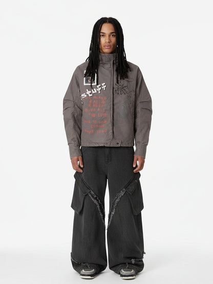 Street Graffiti Distressed High-Neck Padded Cotton Jacket 