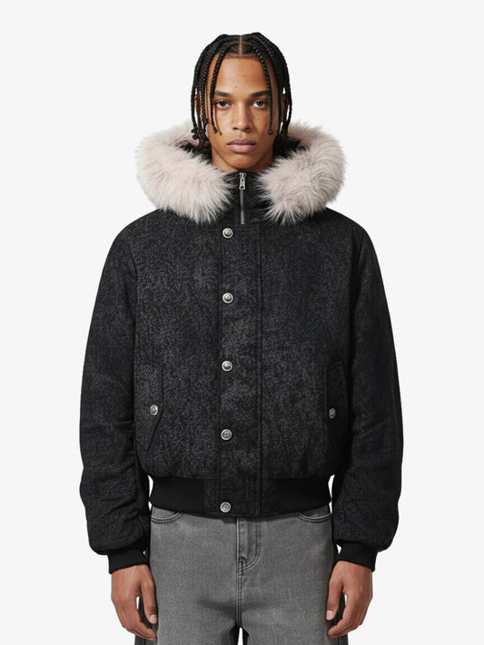 Leopard Panel Fur-Trim Hooded Bomber Jacket 