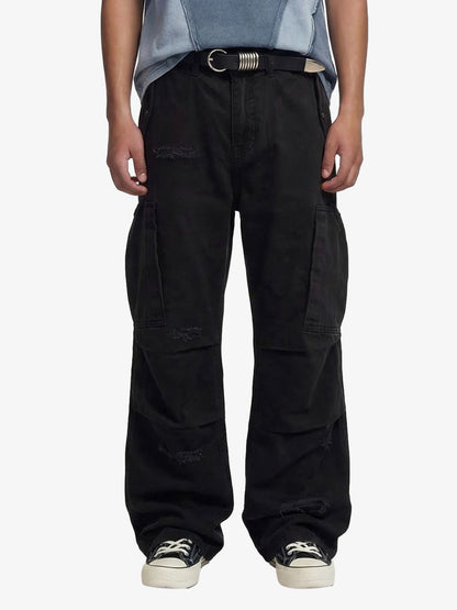 Cotton Hole Patch Pleated Multi-Pocket Cargo Casual Pants 