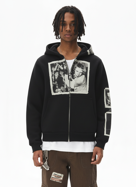 Retro Photo Patchwork Fleece Zip Up Hoodie 