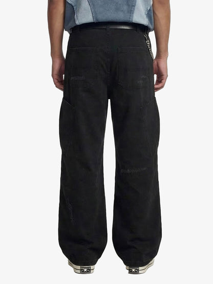 Cotton Hole Patch Pleated Multi-Pocket Cargo Casual Pants 